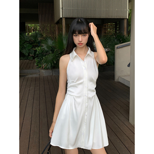 NEVA HU白色法式收腰衬衫连衣裙女夏季高级感修身露肩小个子短裙