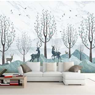 北欧麋鹿树林3D立体壁画5D无缝墙布8D卧室墙纸客厅电视背景墙壁纸
