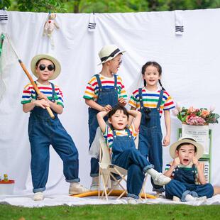 儿童牛仔背带裤条纹短袖幼儿园表演服小学生班服六一合唱演出服潮