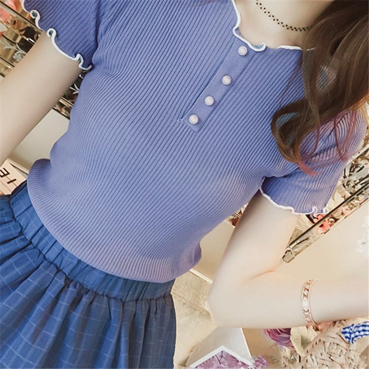 夏2018新款韩版圆领木耳边短袖针织衫T恤女修身薄款纯色打底上衣在类目 女装/女士精品, T恤中 - 来自Buy2taobao.com提供专业的淘宝代购服务