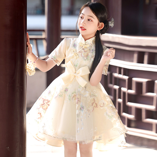 女童旗袍夏季儿童中国风礼服洋气连衣裙新中式女宝宝公主裙香槟色