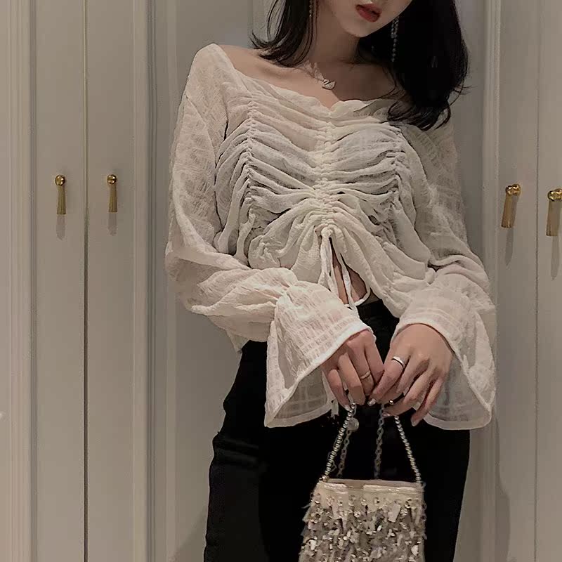 LGGSTYLE chic风小心机抽绳长袖上衣女2019夏季新款喇叭袖雪纺衫|msdalam kategori Butik wanita / wanita, baju lace/baju chiffon - dari Buy2taobao.com untuk memberikan perkhidmatan ejen Taobao profesional membeli