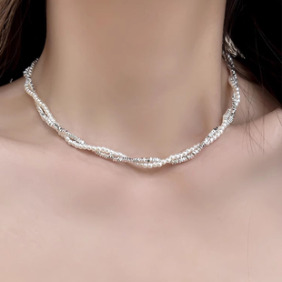 法式轻奢碎银子珍珠双层叠戴气质项链2023春夏新款颈链锁骨链女