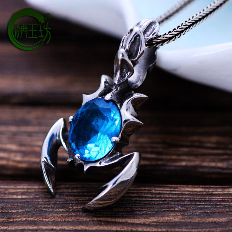 洅玉坊新款s925银饰品复古泰银蓝蝎子王吊坠男女韩版项坠天蝎座
