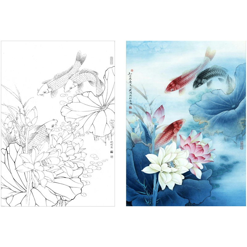 工笔画白描底稿李晓明竖幅小品荷花鱼初学者临摹勾线练习