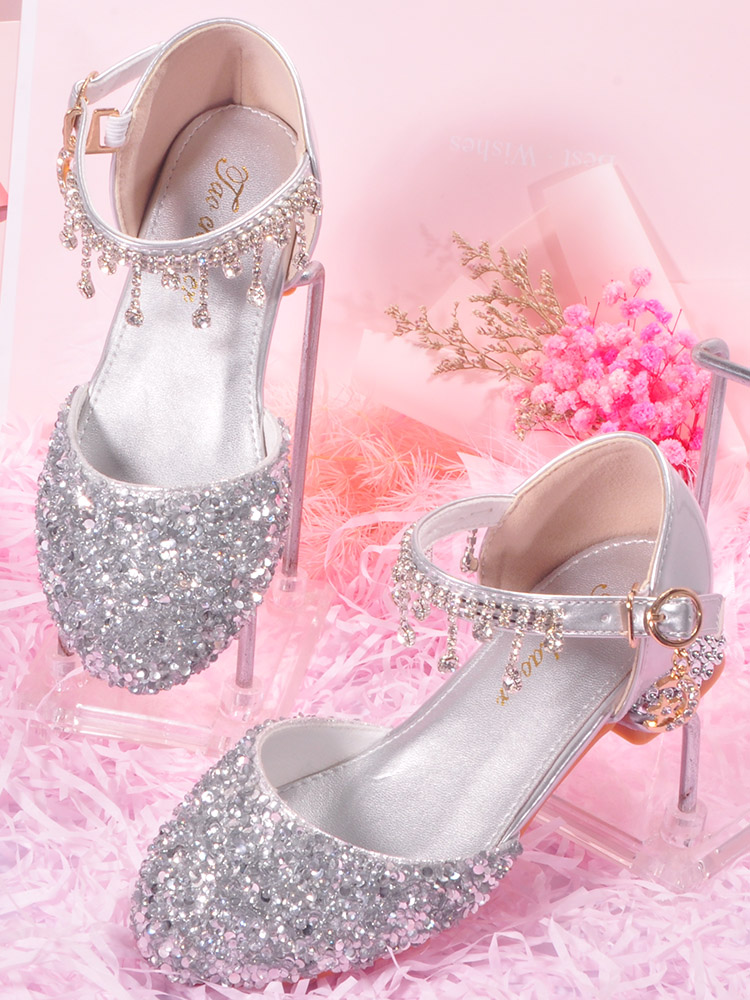 水晶鞋女儿童银色高跟皮鞋公主鞋女童模特礼服鞋小女孩亮晶晶鞋子
