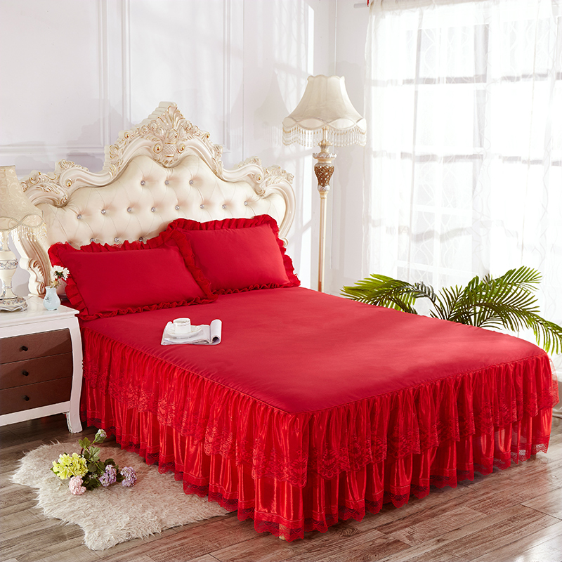 欧式大红色蕾丝床裙三件套公主花边结婚庆薄款1.5米1.8m2床罩床套