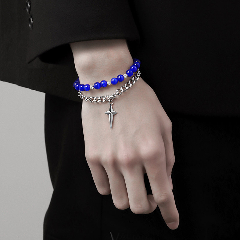 双层手链男士轻奢小众高级感精致人造水晶猫眼石钛钢星芒男生手饰