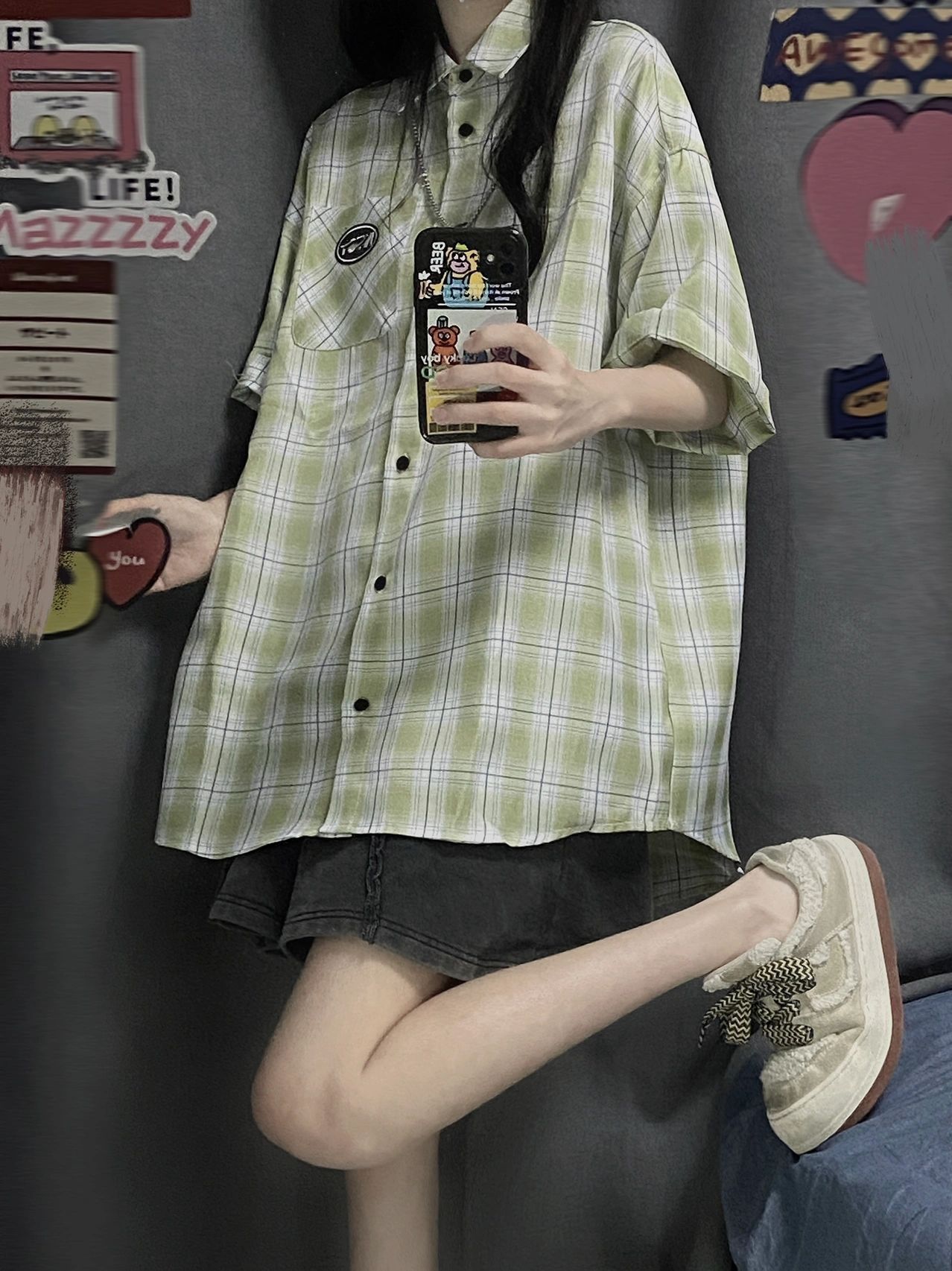 韩版潮牌淡绿色格子短袖衬衫男女夏季小清新小众设计感情侣衬衣潮