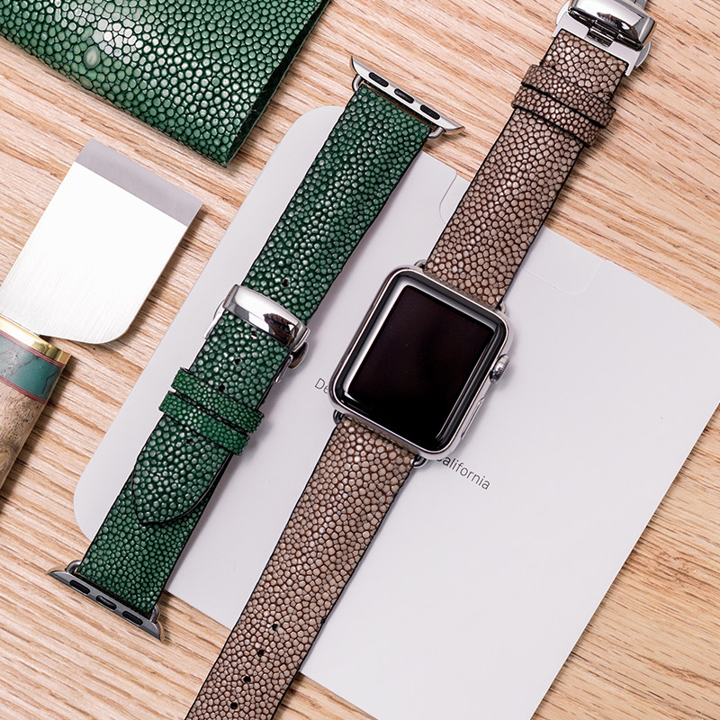 适用applewatch5表带iwatch4/3/2代珍珠鱼真皮苹果手表表带男女潮