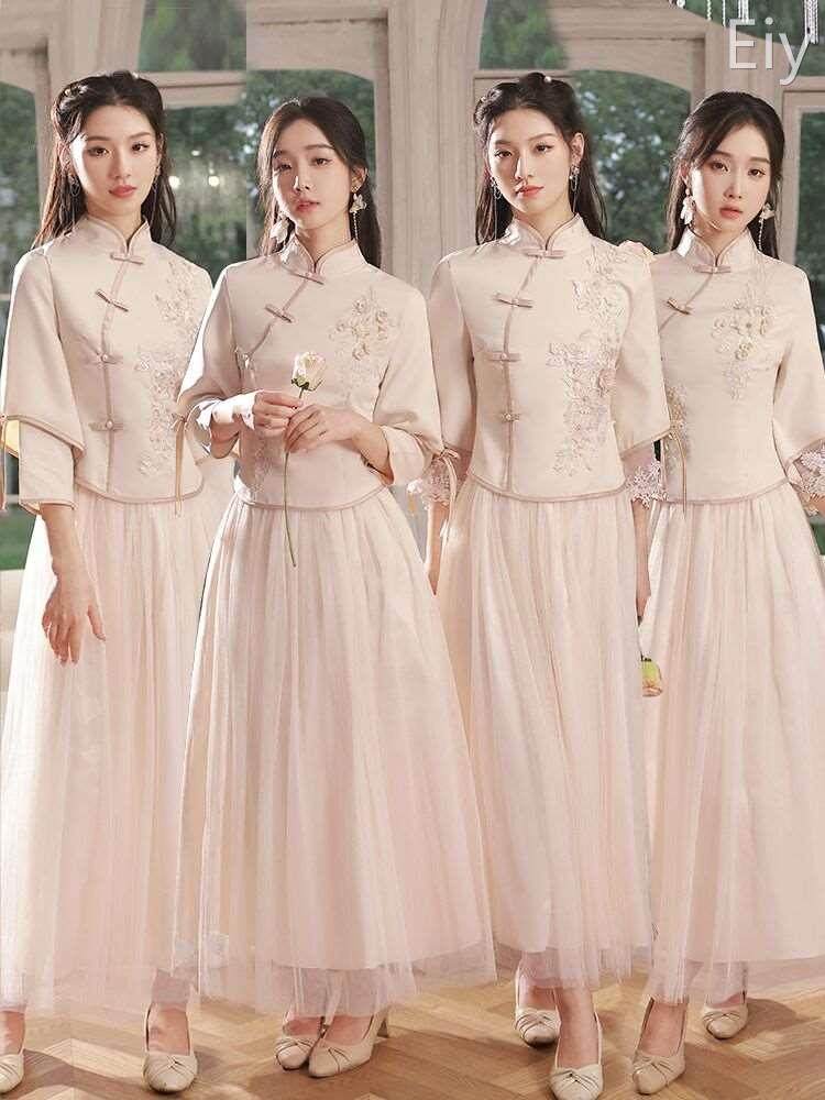 中式伴娘服姐妹团闺蜜装春季新款裙修身显瘦中国风婚礼旗袍复古女