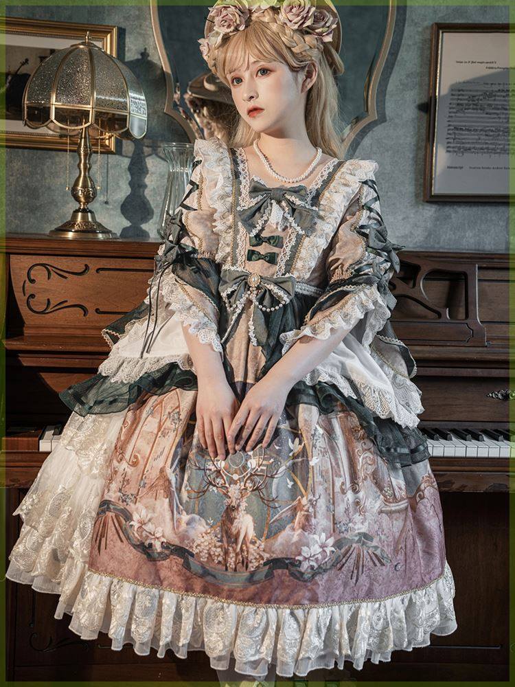 原创黑色直播裙子lolita裙华丽花嫁夏c系优雅茶会款法式op英伦风