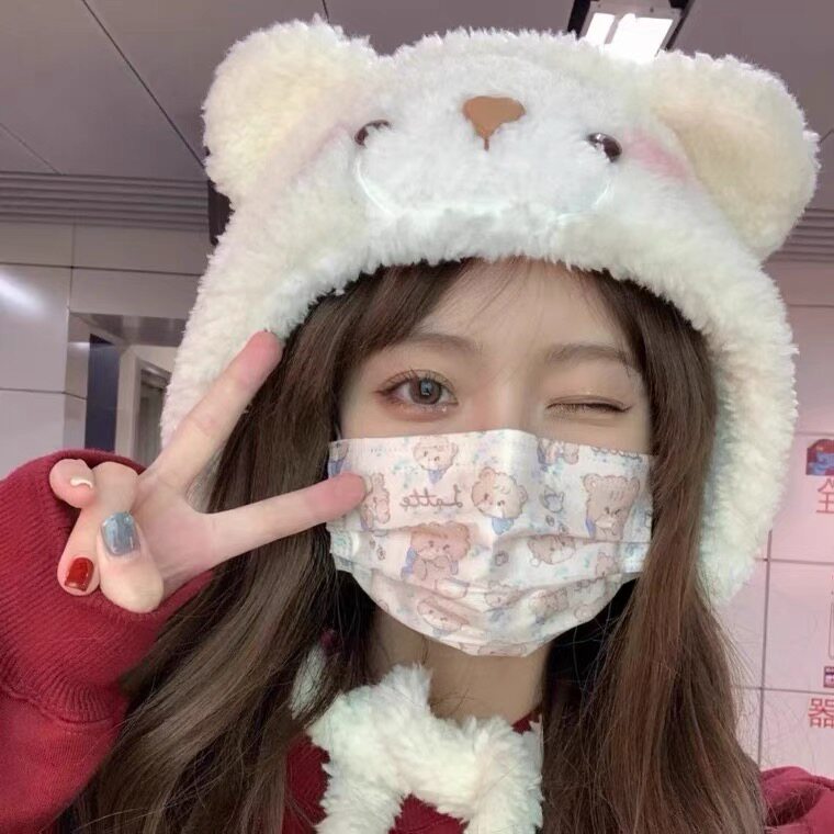 可爱甜妹小崽崽熊毛绒帽子冬季女生保暖护耳韩少女心ins卡通头套