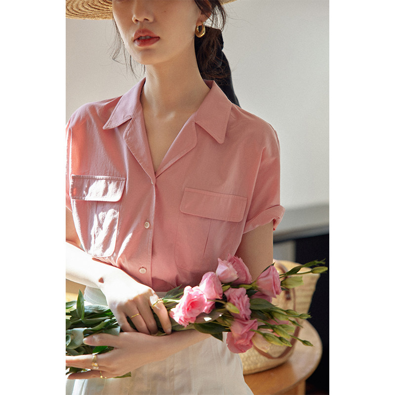 美丽的皇帝 立体口袋古巴领粉色衬衫女小众别致上衣2022早春新款