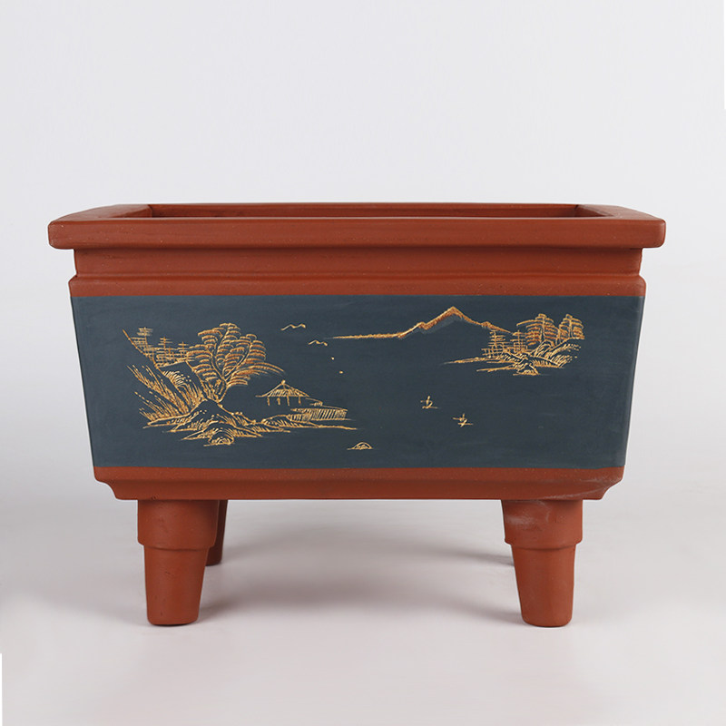 蔓木人紫砂宜兴紫砂花盆盆景盆长方形盆鼎盆高角松树梅桩手工刻浍