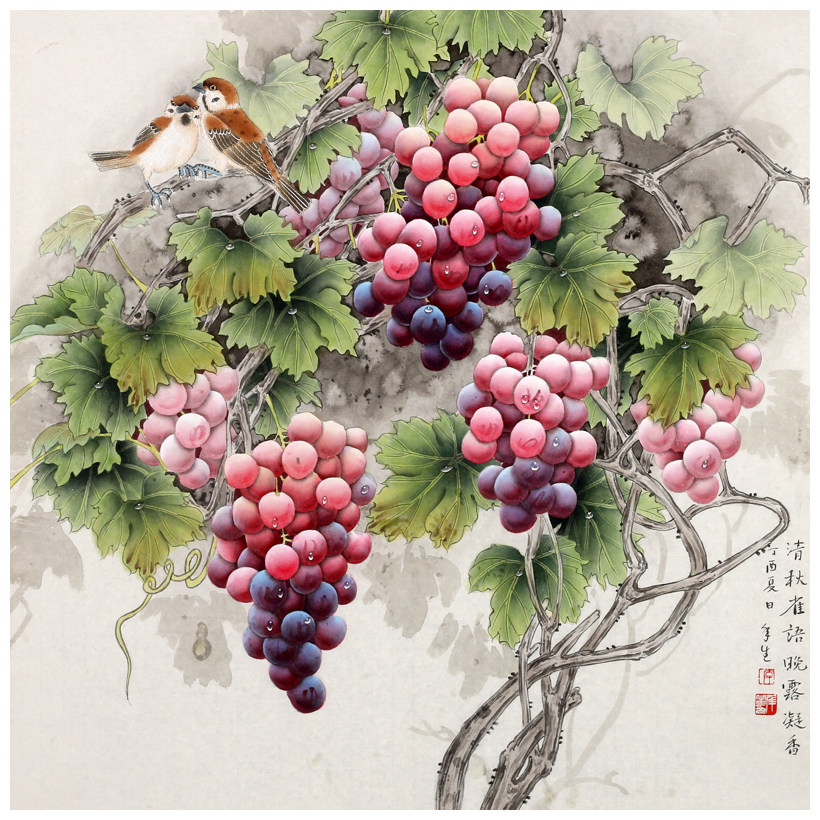 李年生《清秋雀语》当代著名工笔画家 有葡萄王之美誉