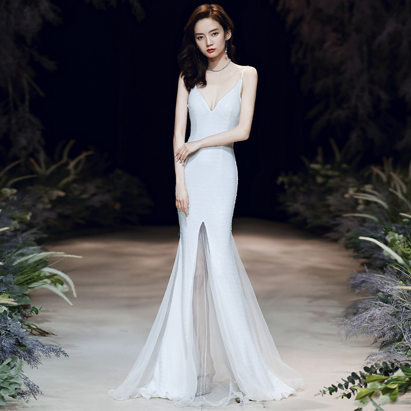 白色晚礼服裙女2021新款高贵气质鱼尾长款名媛年会夜总会高端性感