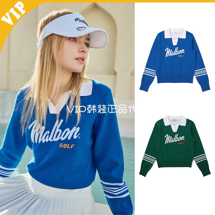 韩国正品代购malbon高尔夫女装24春季时尚休闲速干翻领套头针织衫