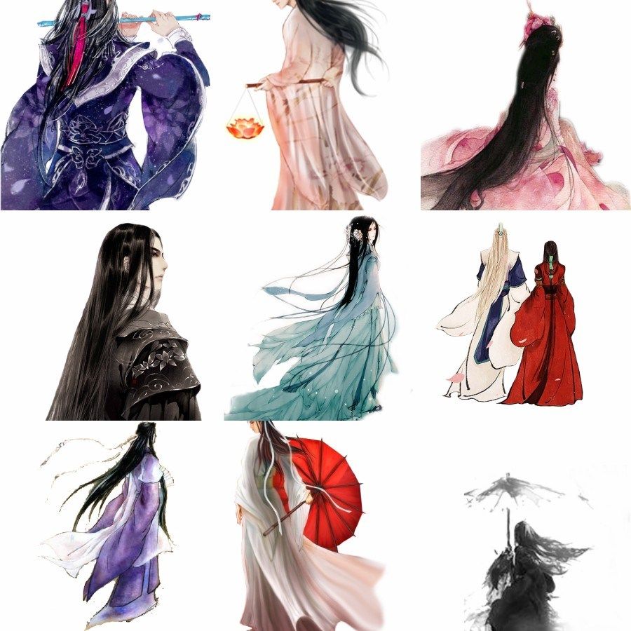 唯美手绘古风人物背影背景插画工笔画图装饰美化png免扣设计素材