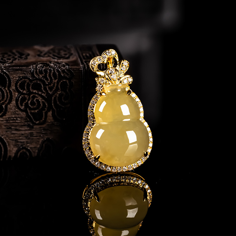 天然a货翡翠葫芦吊坠冰种鸡油黄福禄挂件18k金镶嵌玉石缅甸葫芦