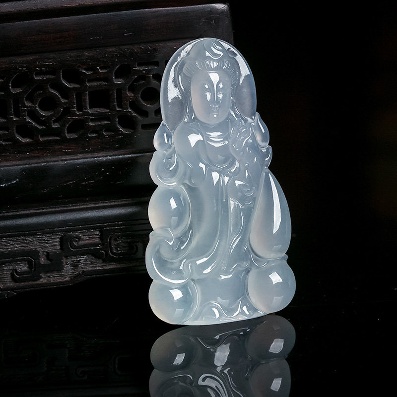 翠贵人天然a货冰种观音吊坠站观音翡翠吊坠老坑冰透平安如意挂件
