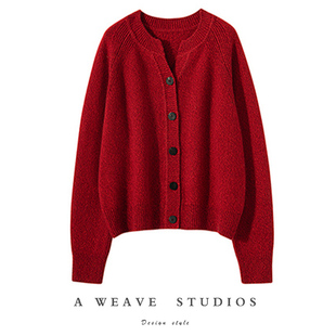 纯欲撩人Ruby红~加厚羊绒开衫女红色针织纯羊绒毛衣外套宽松秋冬