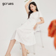 gcrues长款白色连衣裙女仙气2024夏季新款圆领短袖褶皱裙子设计感