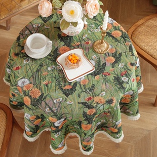 复古风油画感圆桌布绿色花朵小圆形台布家居氛围装饰布艺茶几布