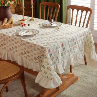 复古麻色绿植印花餐桌布拼接荷叶边圆形台布ins小花田园风圆桌布