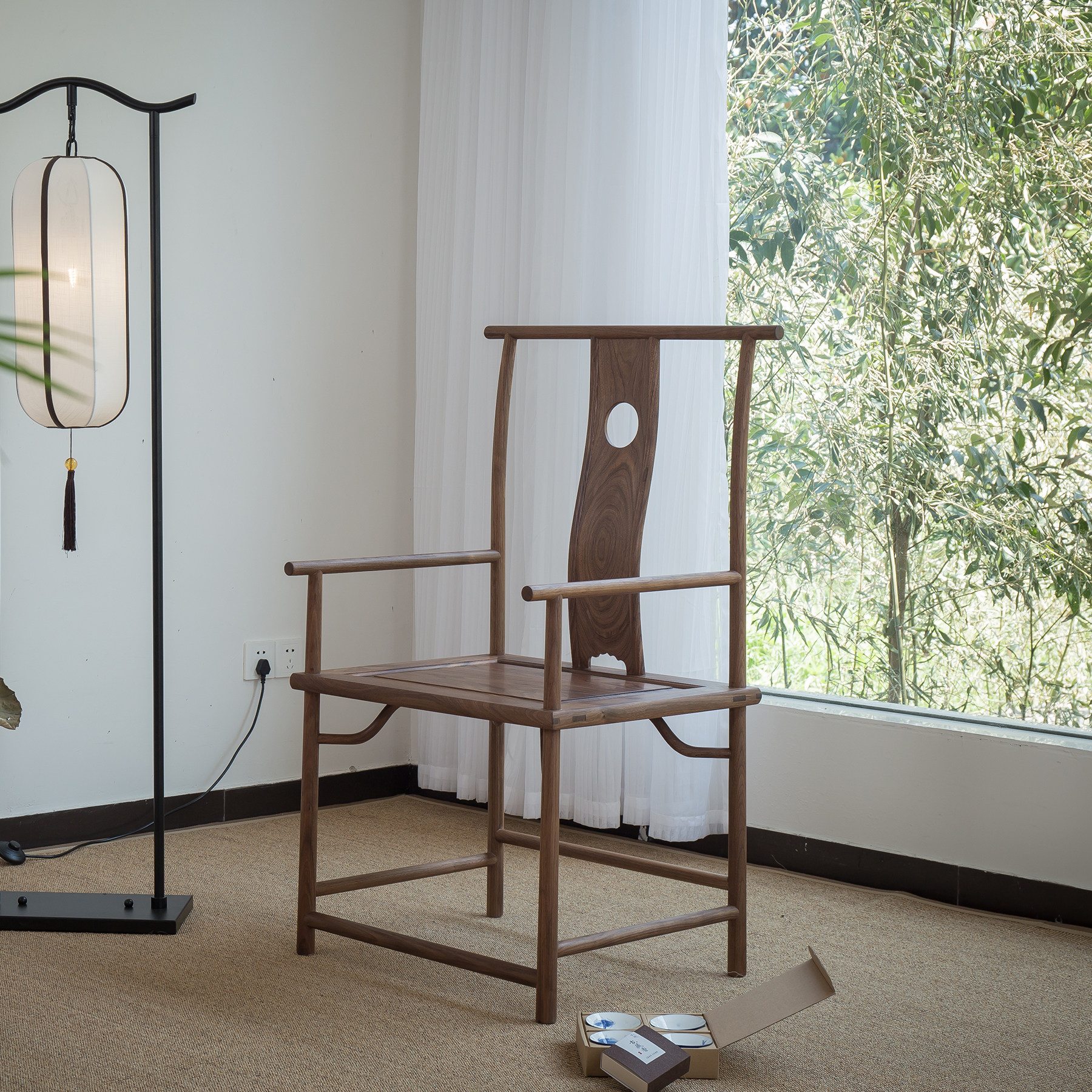 新中式黑胡桃木实木圈椅老榆木免漆家具官帽椅休闲茶室茶椅办公椅