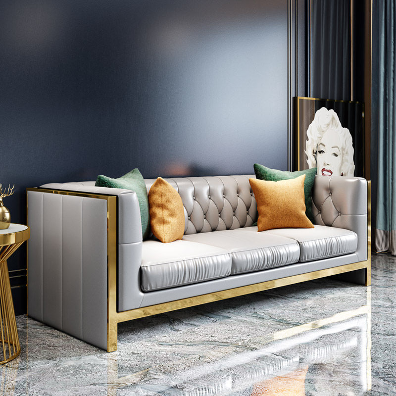 轻奢头层牛皮真皮沙发美式沙发港式客厅法式轻奢风沙发金属三人位