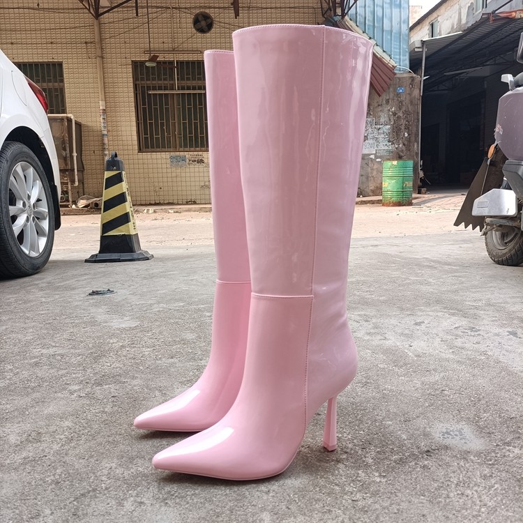 西班牙潮牌2023新款粉红时装长靴尖头高跟细跟时尚百搭高端筒靴女