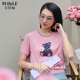 美佰俪粉色短袖小熊T恤女2025夏新款天丝圆领撞色减龄针织衫上衣