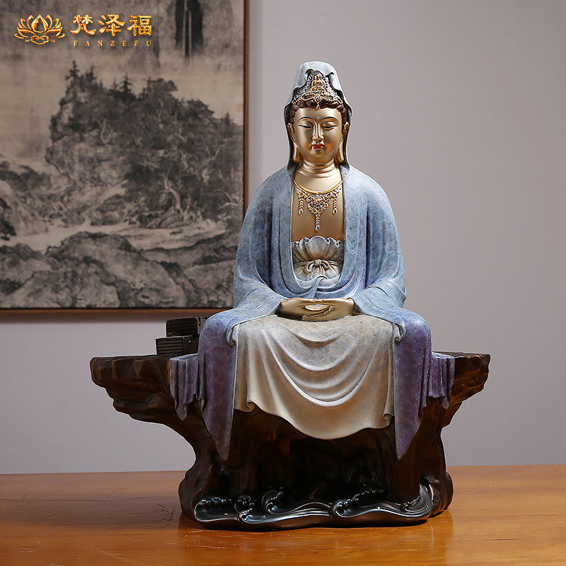 纯铜观音菩萨佛像居家供奉摆件禅定观音打坐结印蓝衣观世音神像