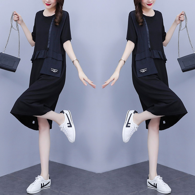 PF16062#新款大码女装胖mm时尚宽松遮肚子拼接中长款短袖连女裝貨源服裝批發