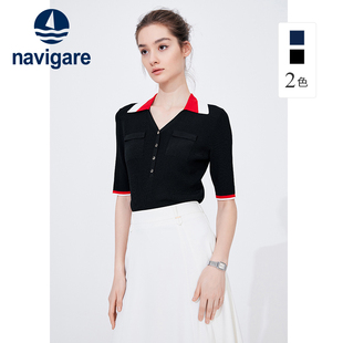 Navigare意大利小帆船黑色短袖T恤女夏季撞色翻领体恤休闲针织衫