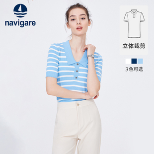 Navigare意大利小帆船蓝色条纹针织短袖Polo衫女夏季休闲海魂衫