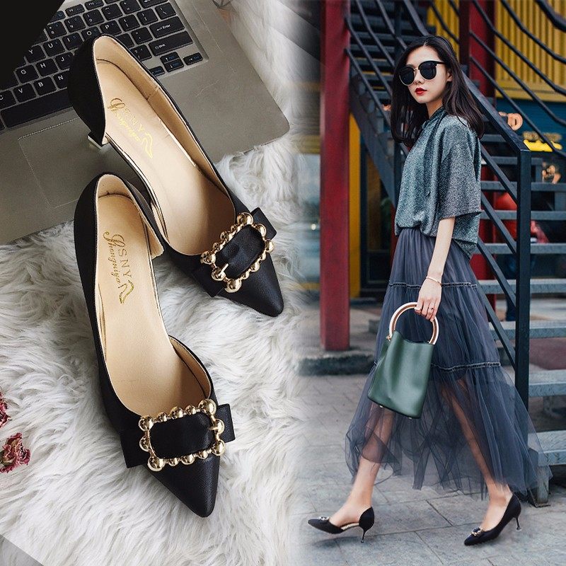 水钻高跟鞋少女细跟2018新款女鞋韩版百搭尖头秋季小清新猫跟单鞋