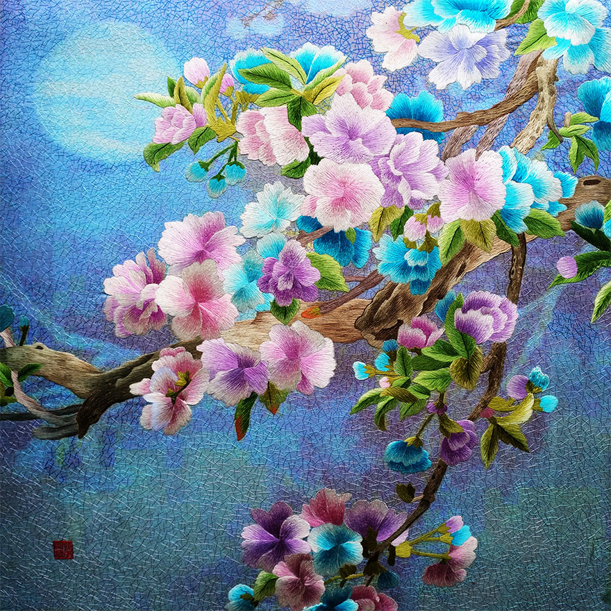 苏绣世家纯手工真丝《花好月圆》钱菊凤大师作品