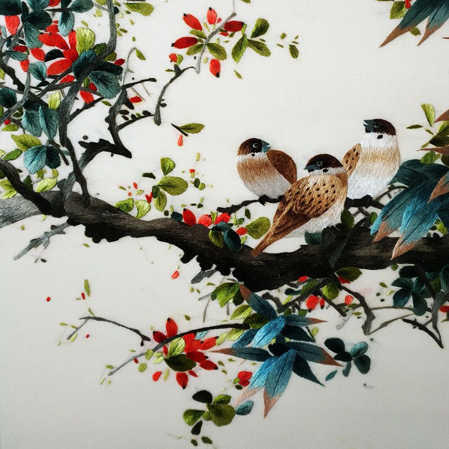 苏绣世家《颜伯龙花鸟四联屏》钱菊凤大师作品