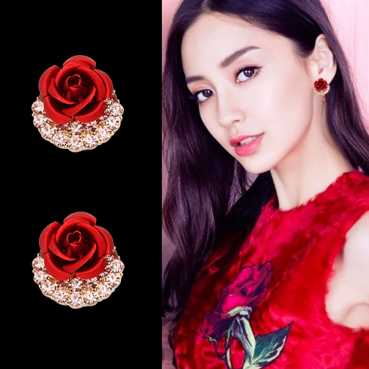 S925银韩版大气时尚经典玫瑰花耳钉镶钻花朵耳环女简约百搭耳扣