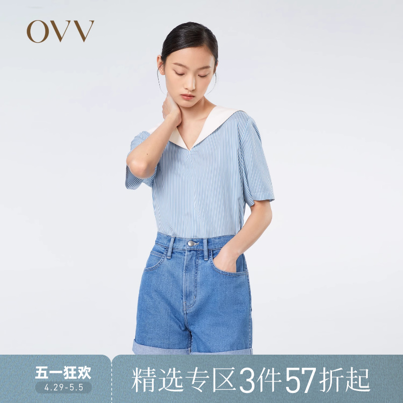 【重磅真丝】OVV春夏热卖女装元气海军领条纹短袖衬衫上衣