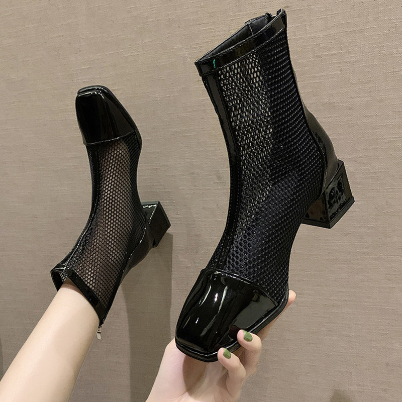 高筒凉鞋网纱马丁靴夏季薄款女2022新款法式网眼镂空短靴罗马凉靴