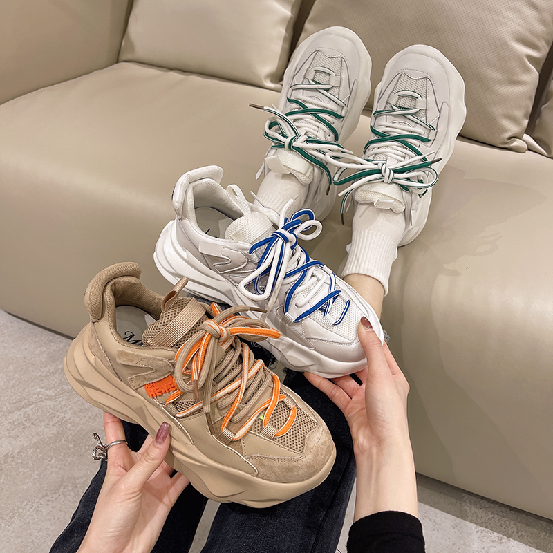 港风韩版炸街老爹鞋女ins潮复古2022春秋款双鞋带厚底运动小白鞋