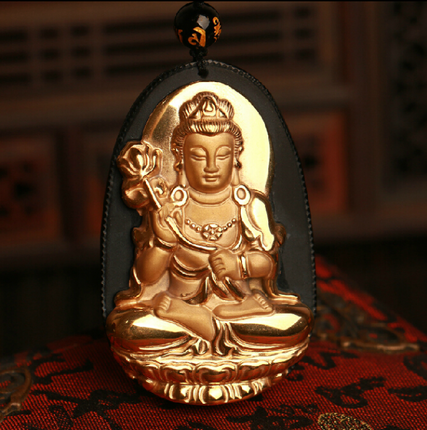 开光属马男女本命佛守护神黑曜石镶黄金大势至菩萨吊坠项链吉祥物