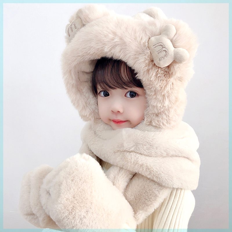 儿童小熊帽子围巾手套一体2023新款秋冬季男孩冬天女童可爱男亲子