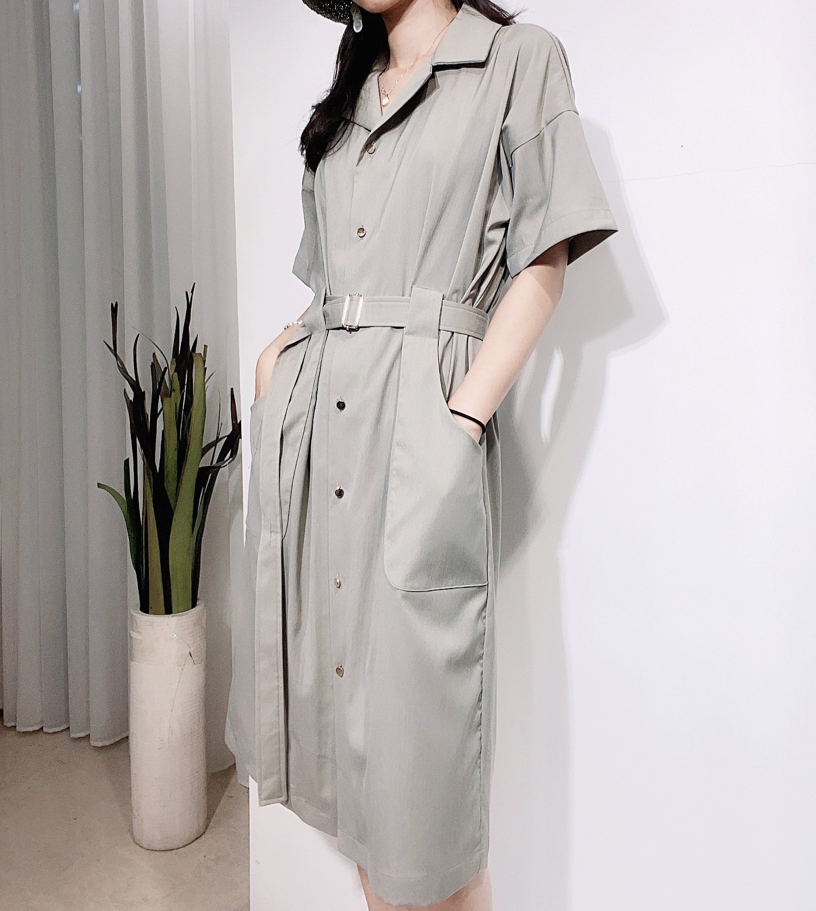 复古赫本风气质小西装领高腰系腰带拼接袖双口袋连衣袖tailorlady