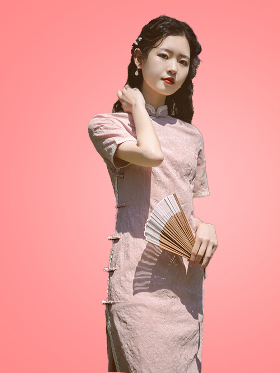 棉麻年轻中长款气质优雅改良粉色甜美少女旗袍日常可穿2020年新款