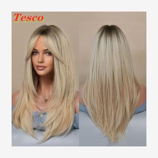 Tesco欧美假发女浅棕色金色挑染八字中分刘海长发全头套 hair+wig