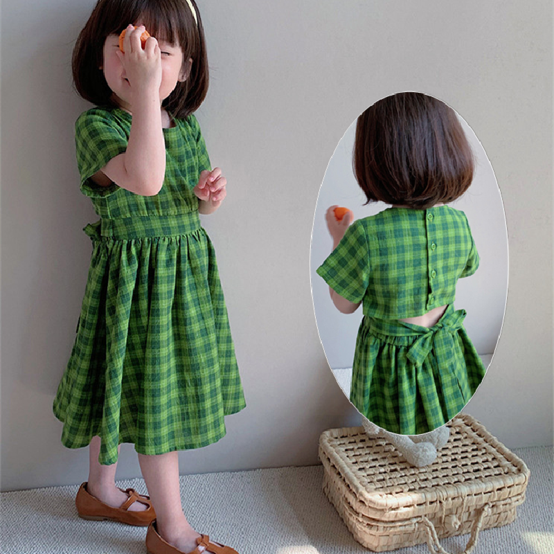 女童裙子个性潮牌韩版夏季洋气短袖格子草绿棉麻露腰连衣裙公主裙